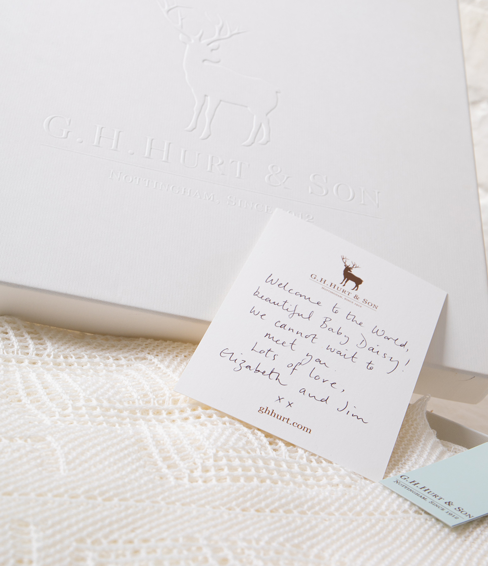 Hand written gift message with gift box - G.H.Hurt & Son baby shawl