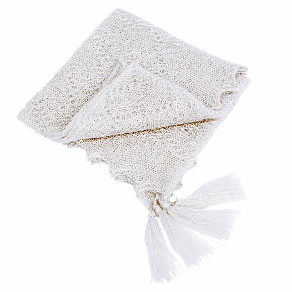 Soft and fluffy mohair and silk scarf with tassels in Stone