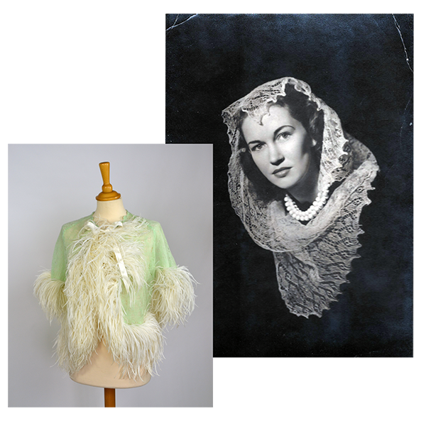 Mannequin wearing a green dress with feathered shawl and black and white photo of a woman wearing a lace headscarf.