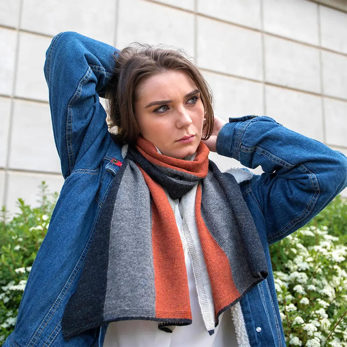 Ladies Lambswool Block Stripe Scarf in Burnt Orange