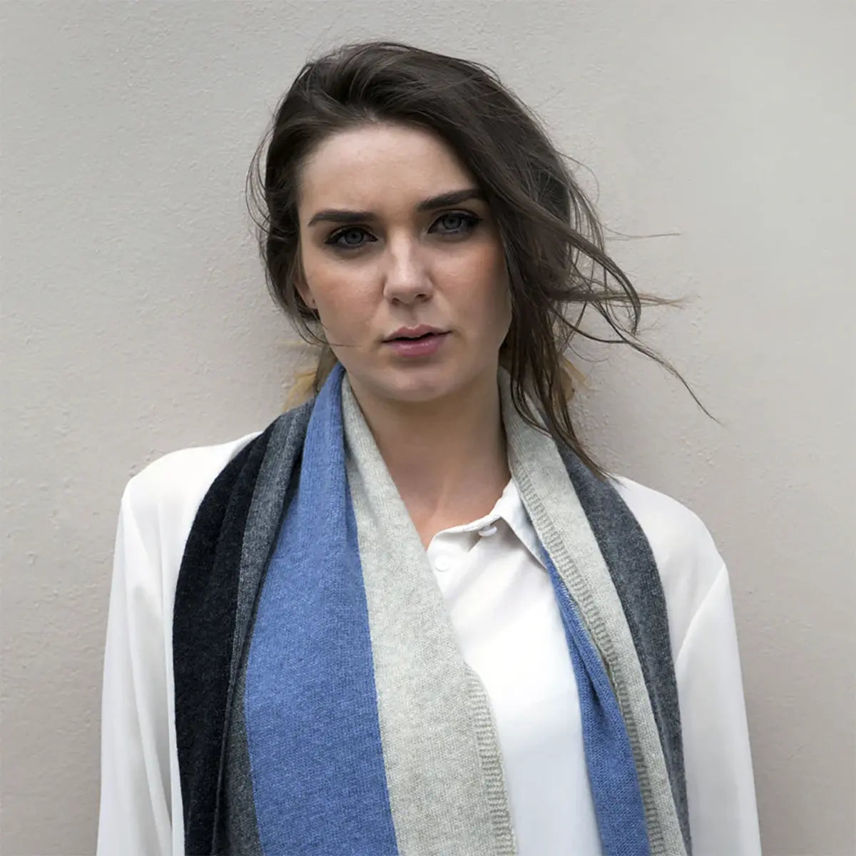 Ladies Lambswool Block Stripe Scarf in Jeans Blue