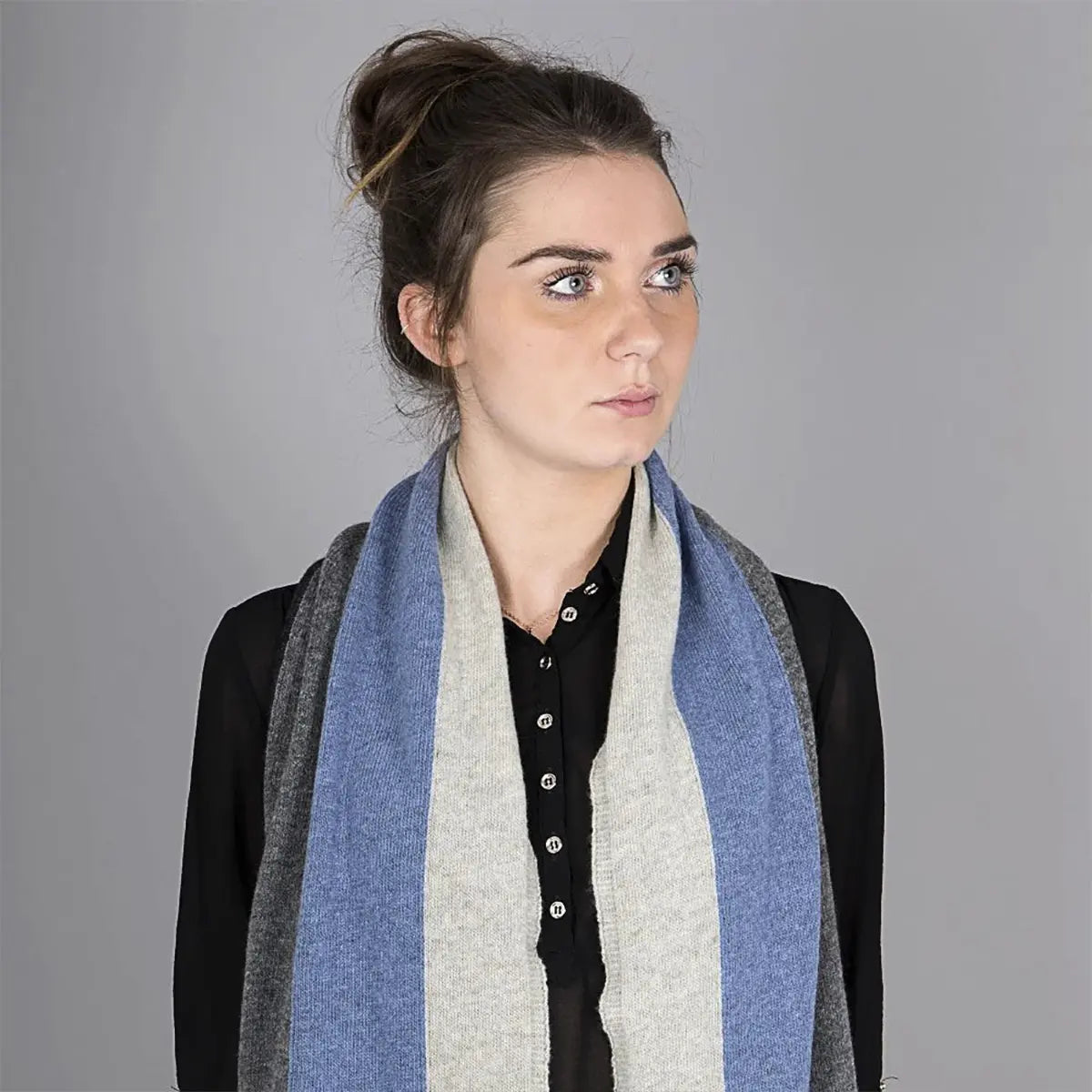 Ladies Lambswool Block Stripe Scarf in Jeans Blue