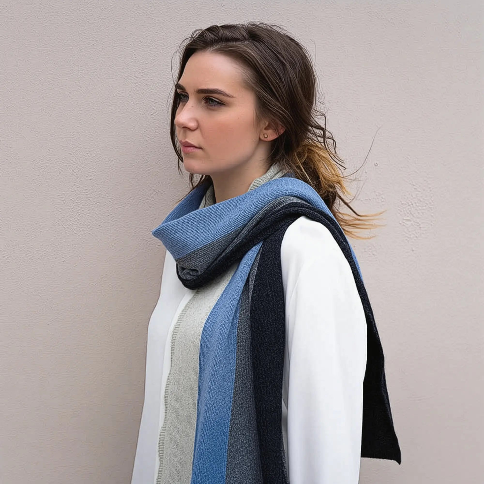 Ladies Lambswool Block Stripe Scarf - Jeans Blue