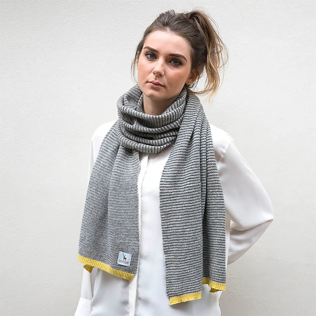 Ladies Lambswool Fine Stripe Scarf in Grey