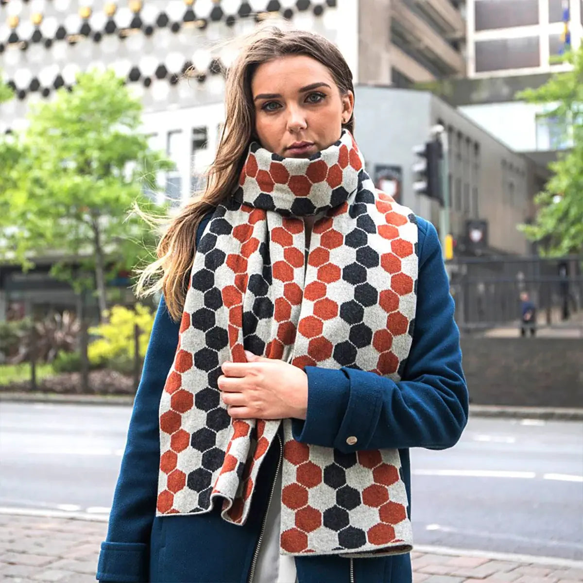 Ladies Lambswool Hexagon Scarf in Burnt Orange