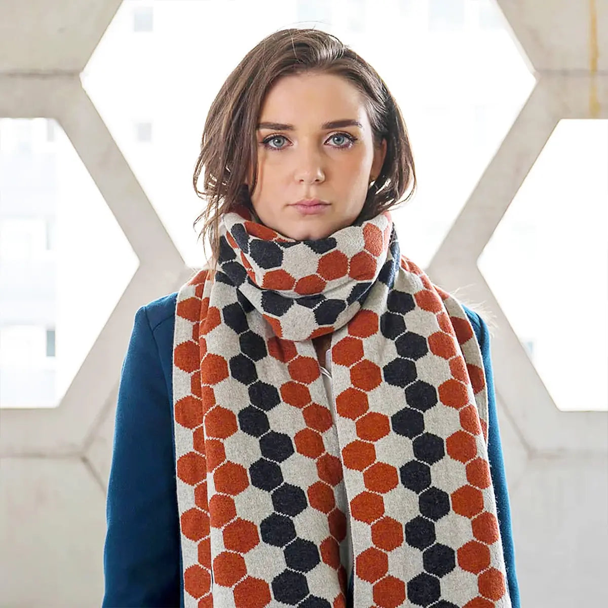 Ladies Lambswool Hexagon Scarf - Burnt Orange