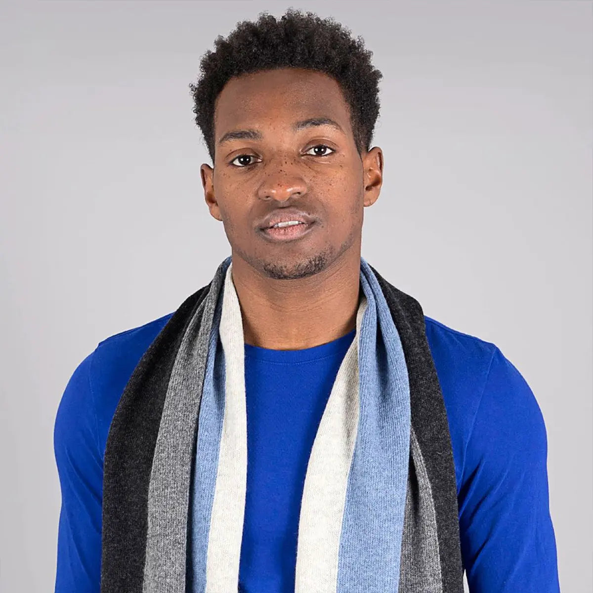 Lambswool Block Stripe Scarf in Jeans Blue