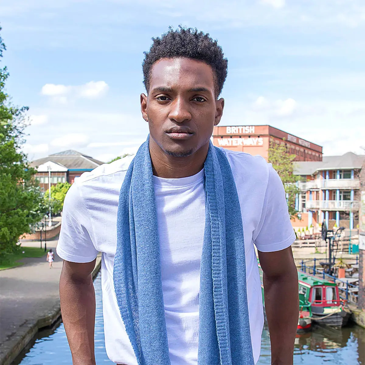 Lambswool Plain Knit Scarf in Jeans Blue