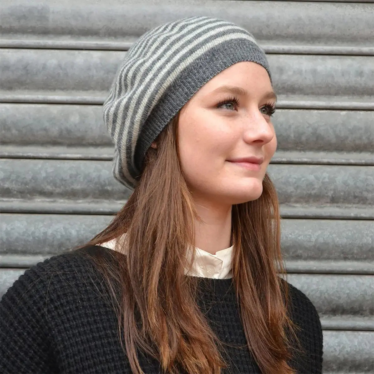 Lambswool Striped Beret in Derby Grey and Silverbirch
