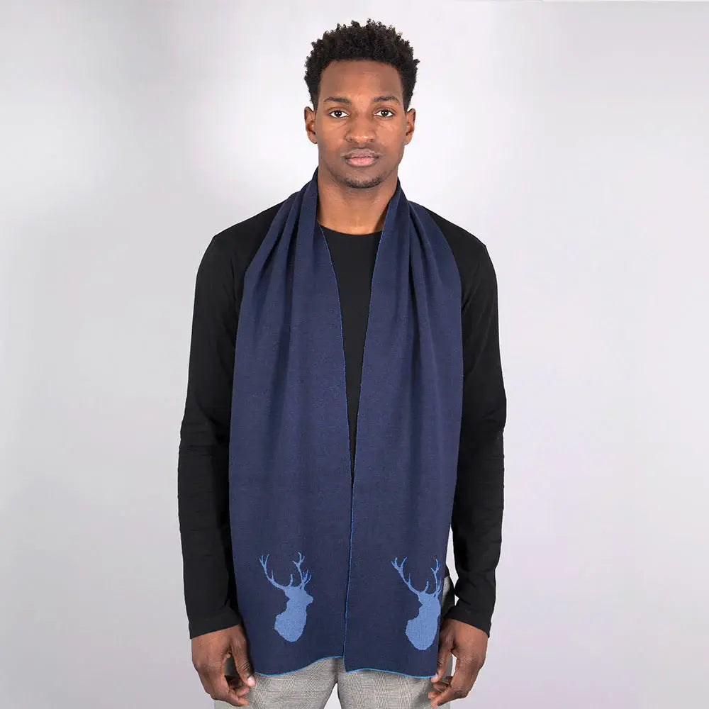 Merino Wool Stag Scarf in Navy
