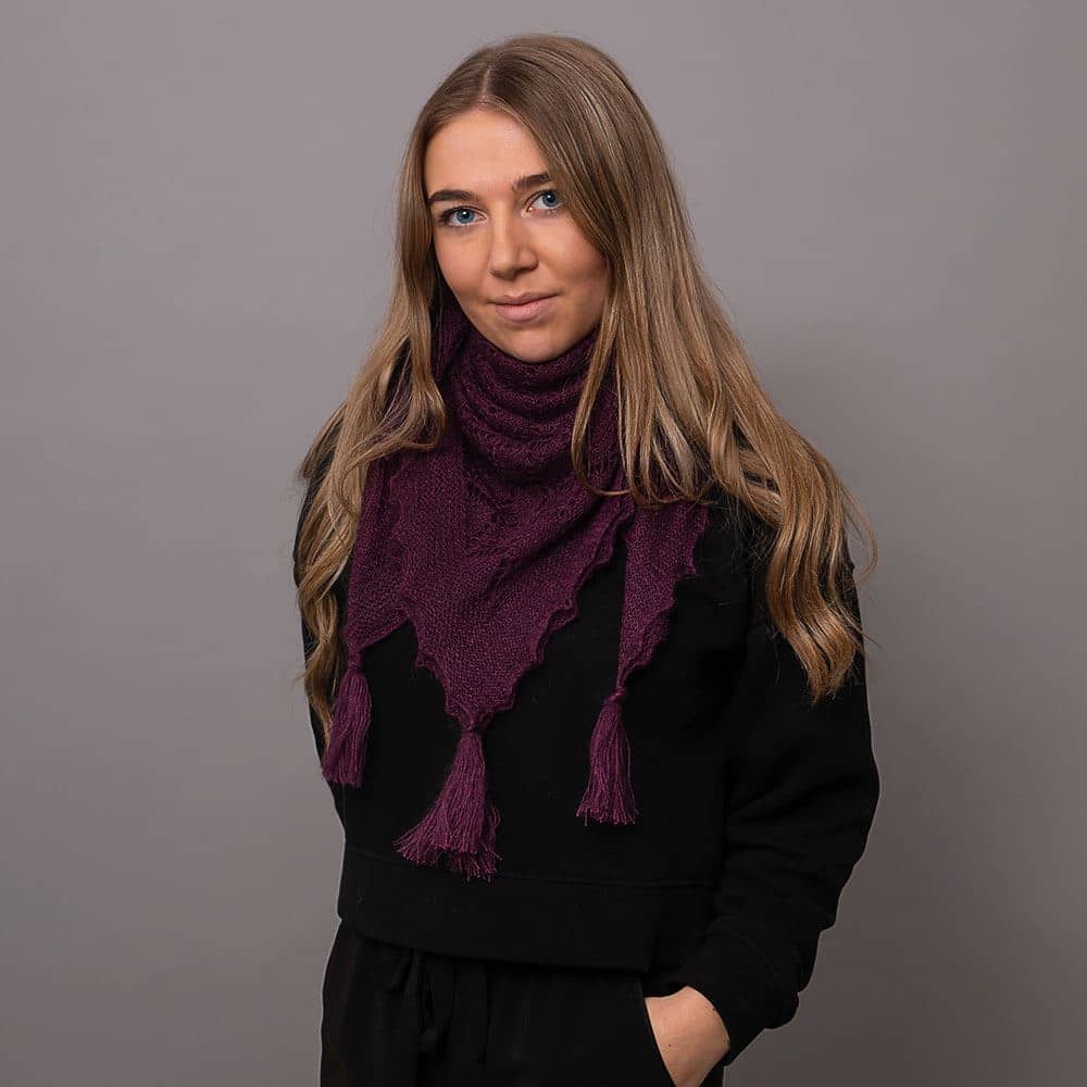 Soft and fluffy mohair and silk scarf with tassels in Aubergine