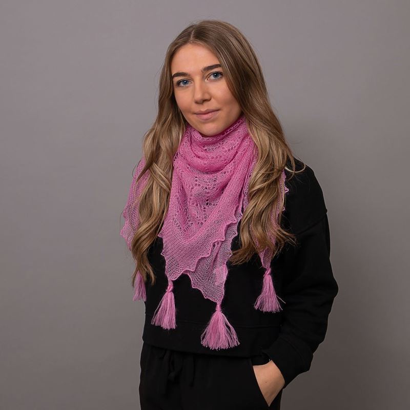 Soft and fluffy mohair and silk scarf with tassels in Cyclamen