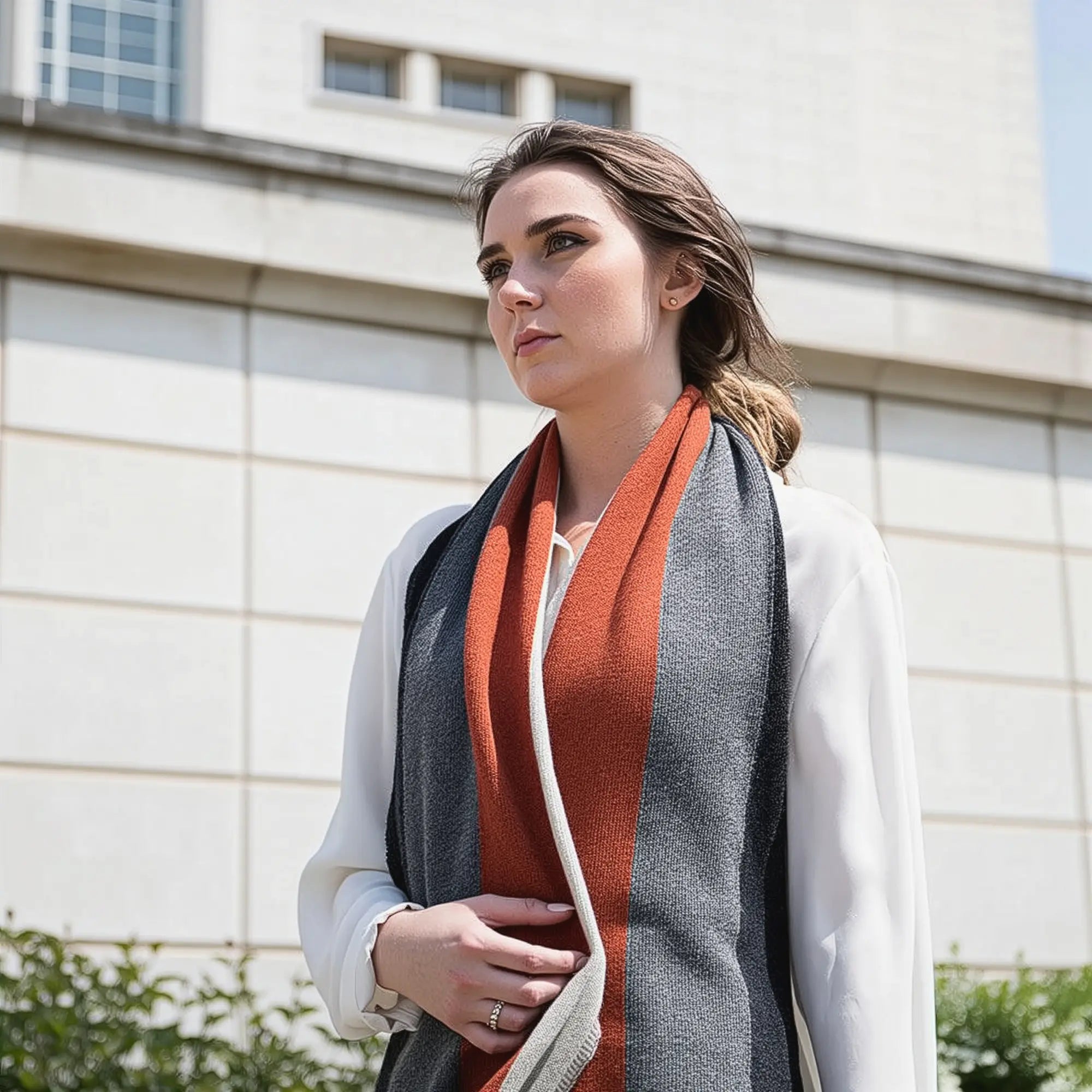 Ladies Lambswool Block Stripe Scarf in Burnt Orange