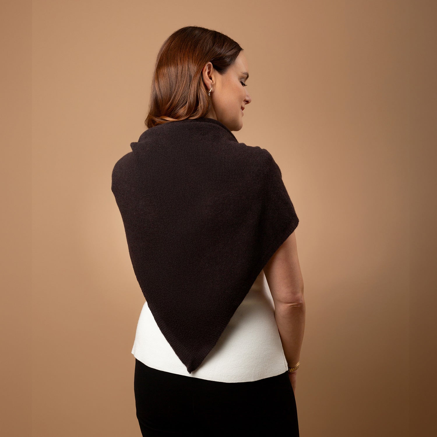 Large Plain Knit Lambswool Triangle Scarf - Dark Brown