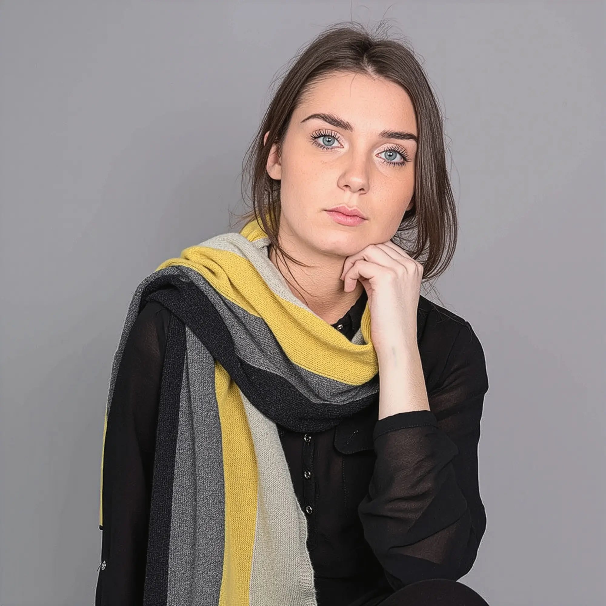 Ladies Lambswool Block Stripe Scarf in Brass