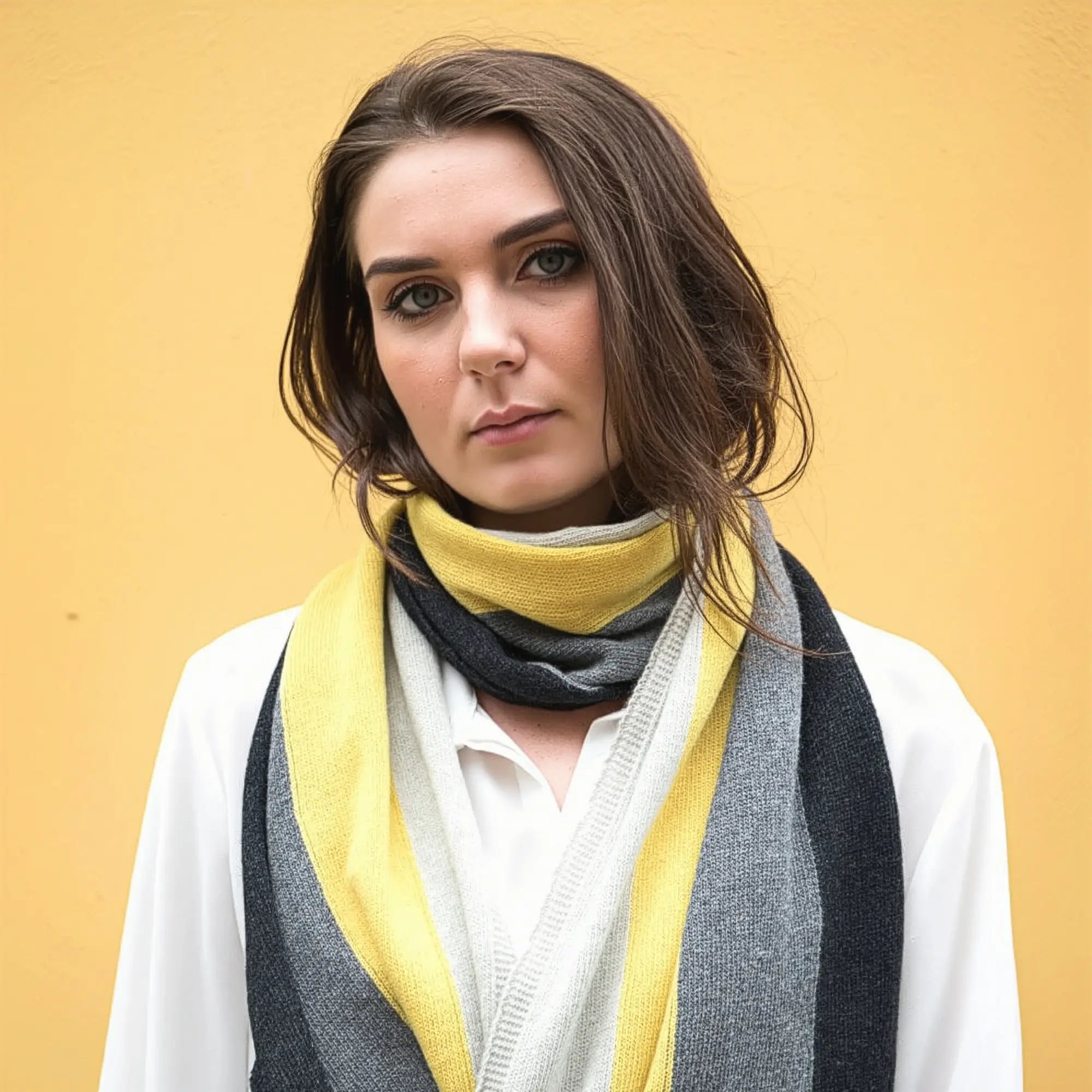 Ladies Lambswool Block Stripe Scarf in Brass