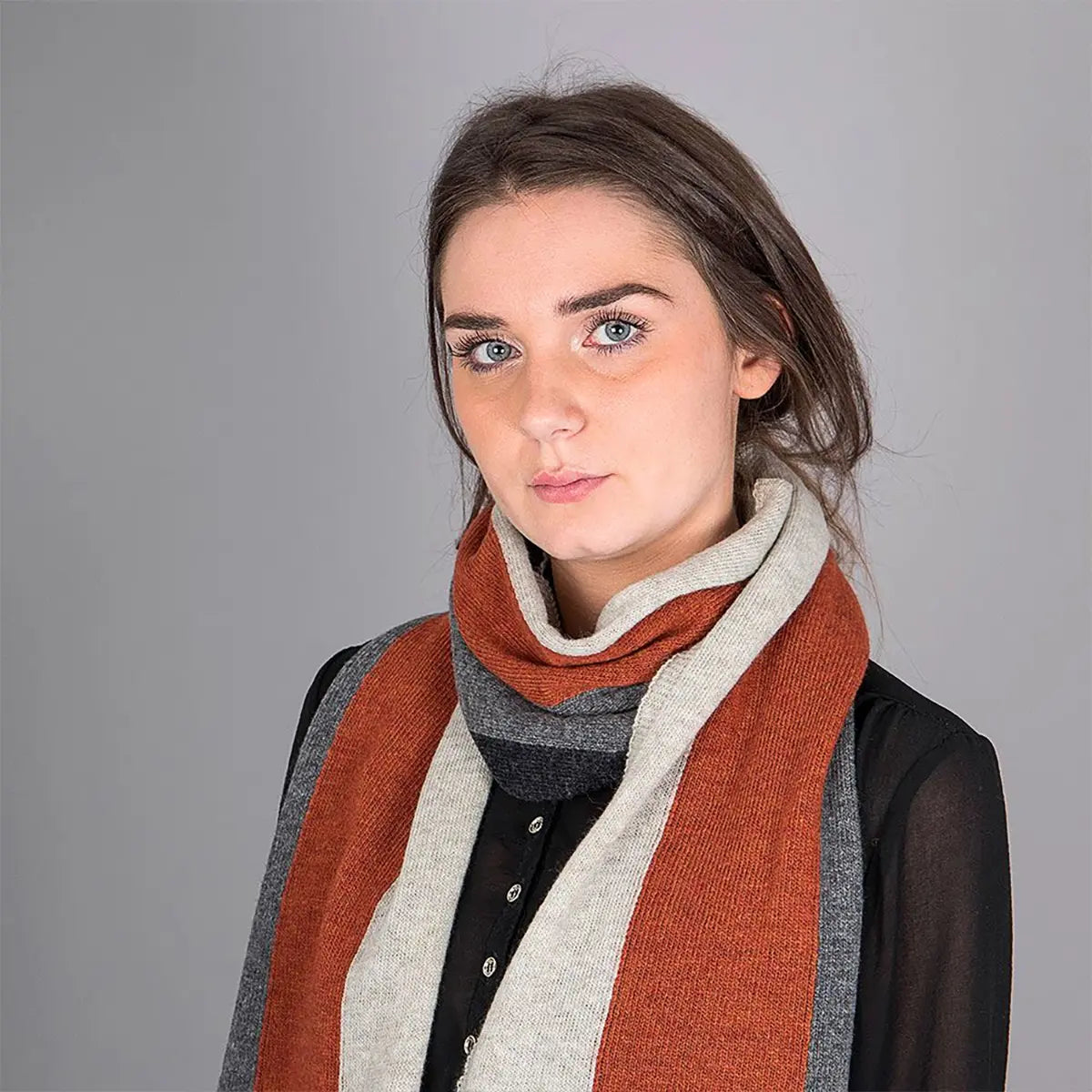 Ladies Lambswool Block Stripe Scarf in Burnt Orange