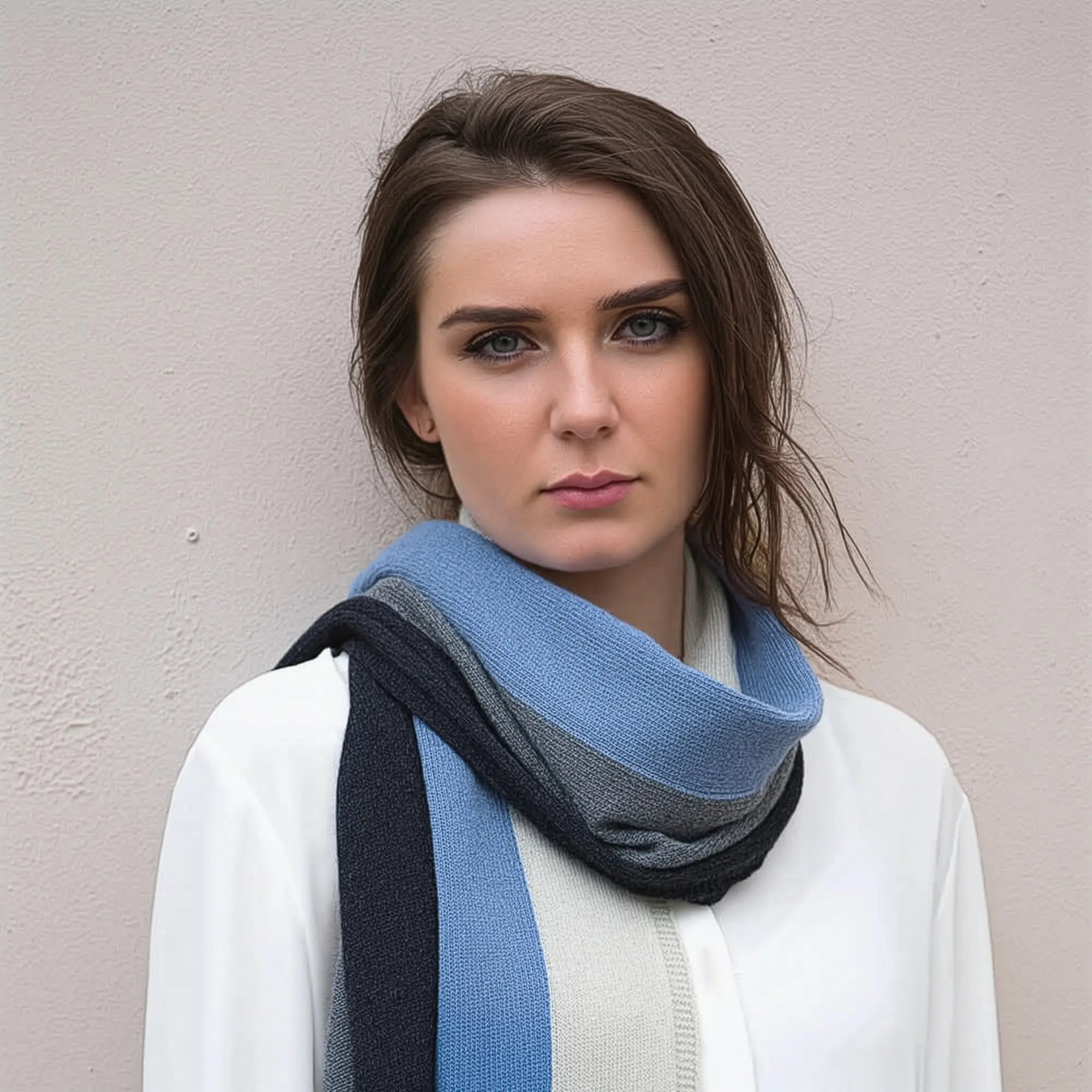 Ladies Lambswool Block Stripe Scarf in Jeans Blue