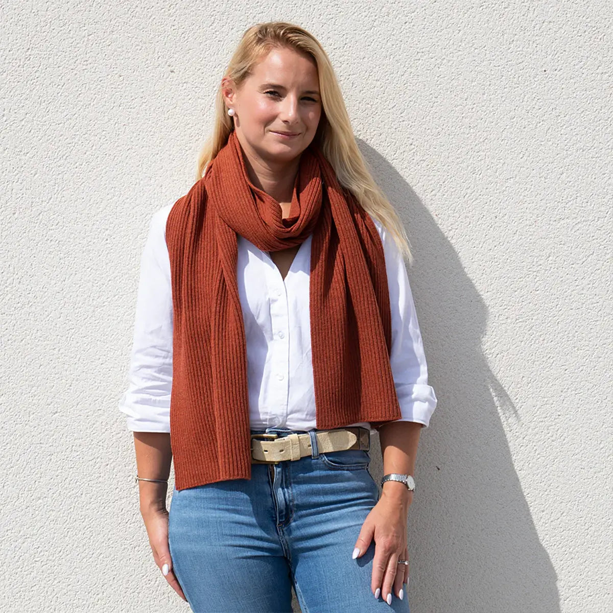 Lambswool Ribbed Scarf in Burnt Orange